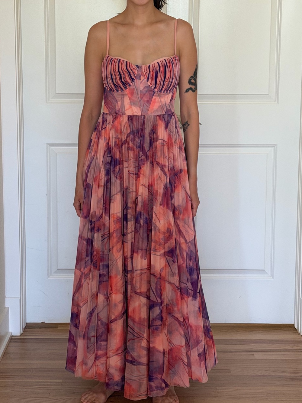 Hutch Amara Bustier Pleated Fit & Flare Midi Dress size 2 Peach Purple Pink Gown